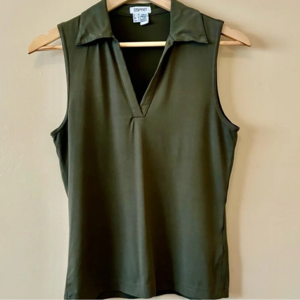 ESPRIT Dark Green  Vintage Collared Sleeveless V Neck Womens Shirt Size US M
